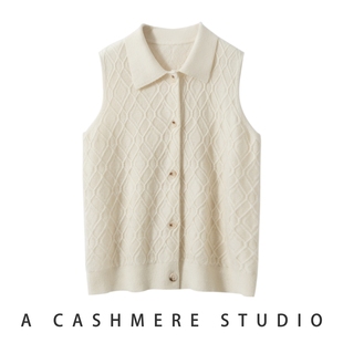 2025新款秋冬100%纯山羊绒马甲女菱形格翻领宽松无袖针织毛衣宽松