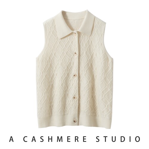 2025新款秋冬100%纯山羊绒马甲女菱形格翻领宽松无袖针织毛衣宽松