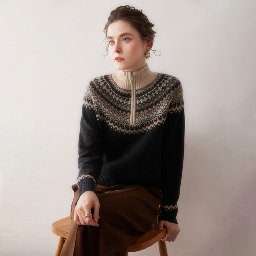 2025秋冬新款100%山羊绒衫女半拉链立领套头费尔岛提花加厚针织衫