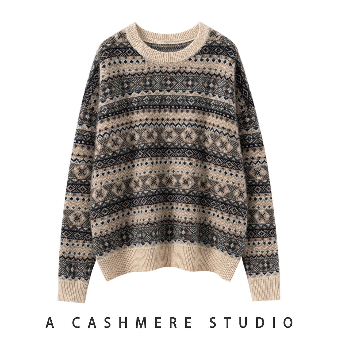 2025秋冬新款费尔岛提花100%纯山羊绒针织衫女圆领加厚宽松打底衫