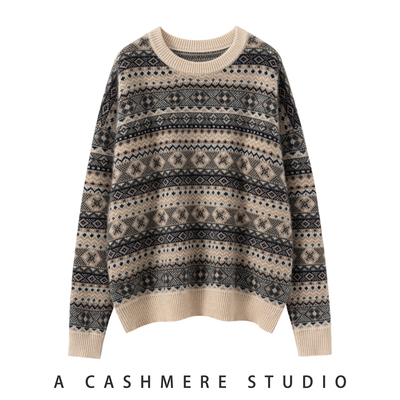 2025秋冬新款费尔岛提花100%纯山羊绒针织衫女圆领加厚宽松打底衫