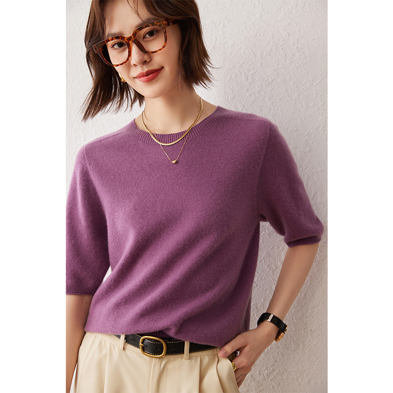 100纯山羊绒无缝半袖圆领女宽松