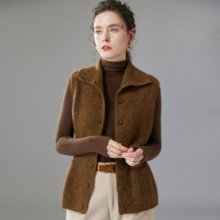 秋冬新款 25%桑蚕丝75%山羊绒马甲女高翻领加厚宽松慵懒风针织开衫