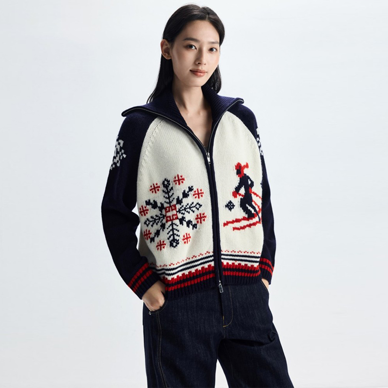 秋冬新款100%纯山羊绒衫费尔岛提花翻领针织开衫加厚保暖百搭外套