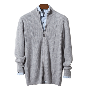 重磅加厚半高圆领条纹拉链开衫男100%纯羊绒休闲百搭针织外套毛衣