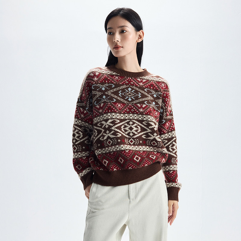 费尔岛提花100%山羊绒衫轻奢圆领复古百搭针织衫柔软亲肤毛衣上衣,女装/女士精品,羊绒衫,淘宝优惠券,粉丝福利购,淘宝优惠卷