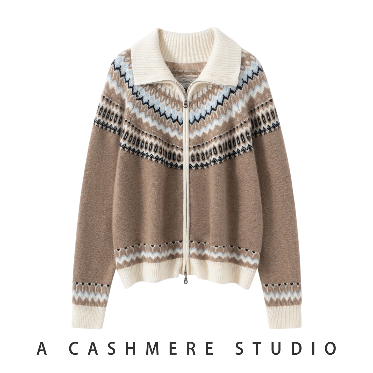 POLO领加厚拉链开衫复古提花100%山羊绒针织毛衣宽松百搭外套上衣