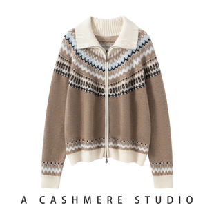 POLO领加厚拉链开衫 复古提花100%山羊绒针织毛衣宽松百搭外套上衣