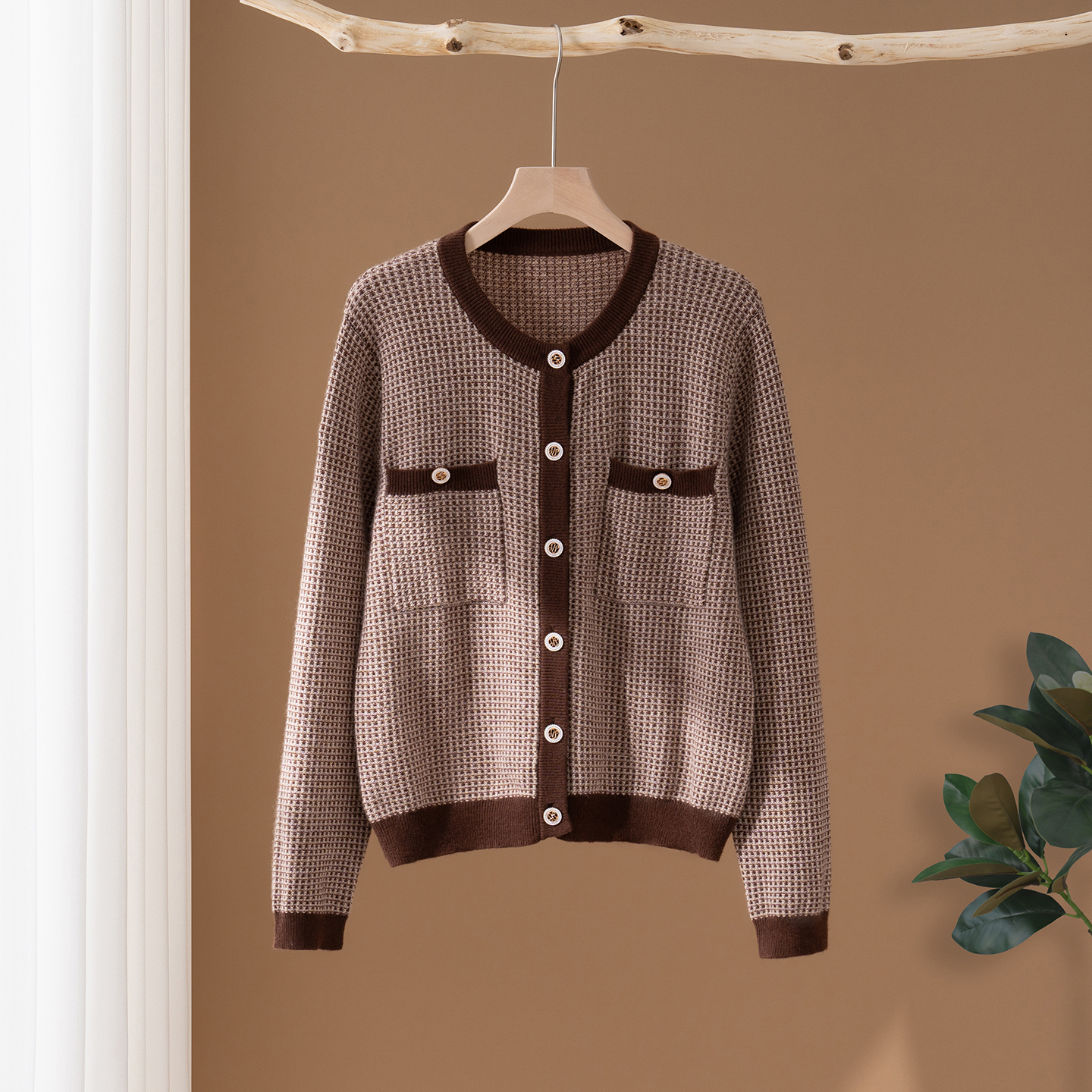 秋冬新款小香风开衫100%山羊绒衫女圆领针织开衫外套毛衣打底上衣