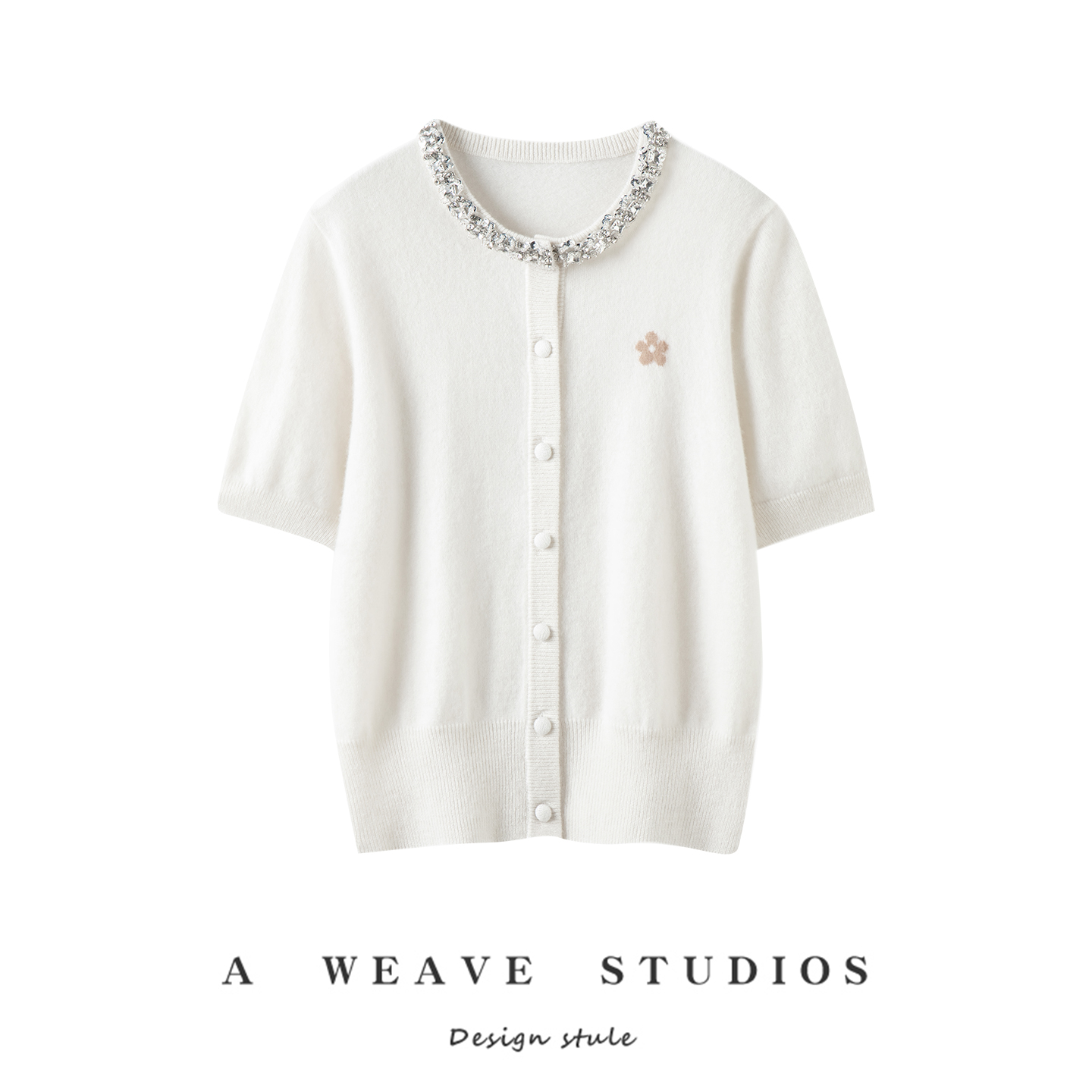 小香风100%纯山羊绒短袖开衫女领口镶钻外穿针织衫毛衣外套