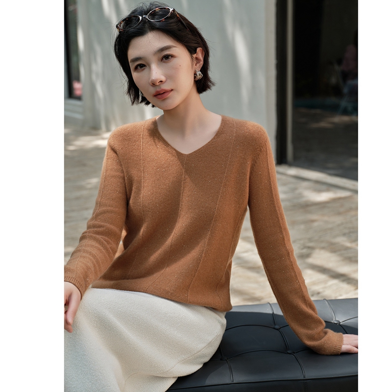 倾心气质100纯山羊绒衫女V领无缝简约薄款宽松百搭针织打底衫上衣