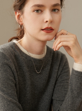 圆领100%纯山羊绒衫女毛衣秋冬假两件拼色针织衫灰色宽松打底上衣