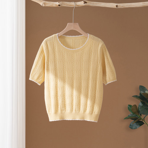 秋冬新款100%山羊绒衫女圆领针织衫宽松套头毛衣打底百搭上衣短袖