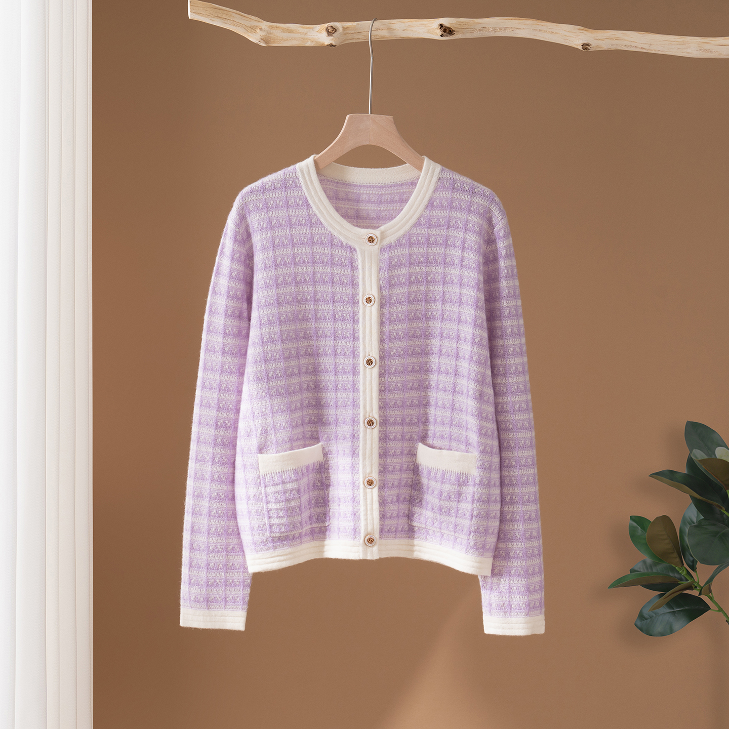 小香风开衫100%纯山羊绒衫女圆领针织开衫宽松毛衣打底衫百搭外套