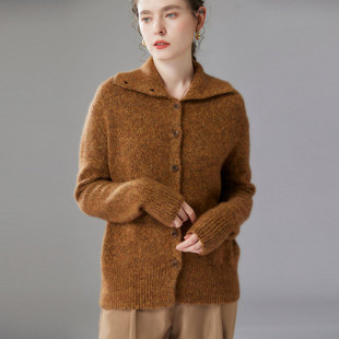 秋冬新款 毛衣女花纱针织外套上衣 75山羊绒25桑蚕丝高翻领加厚开衫