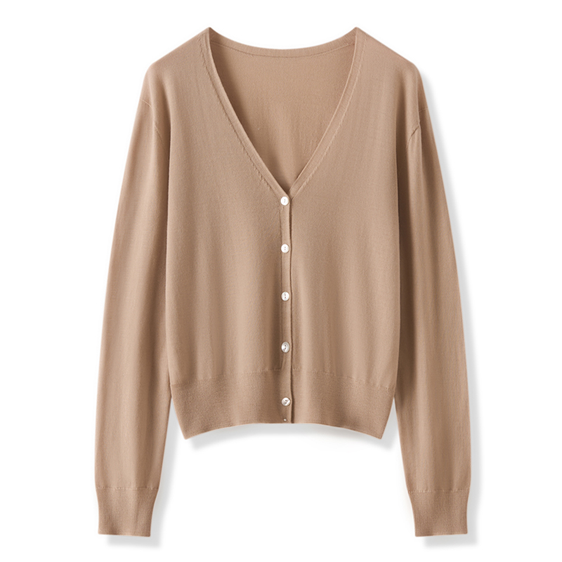 春秋季精纺超细V领100%羊毛针织开衫女宽松显瘦薄款长袖毛衣外套