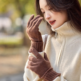 秋冬新款 100%山羊绒手套女加长护腕保暖简约纯色骑行加厚针织手套