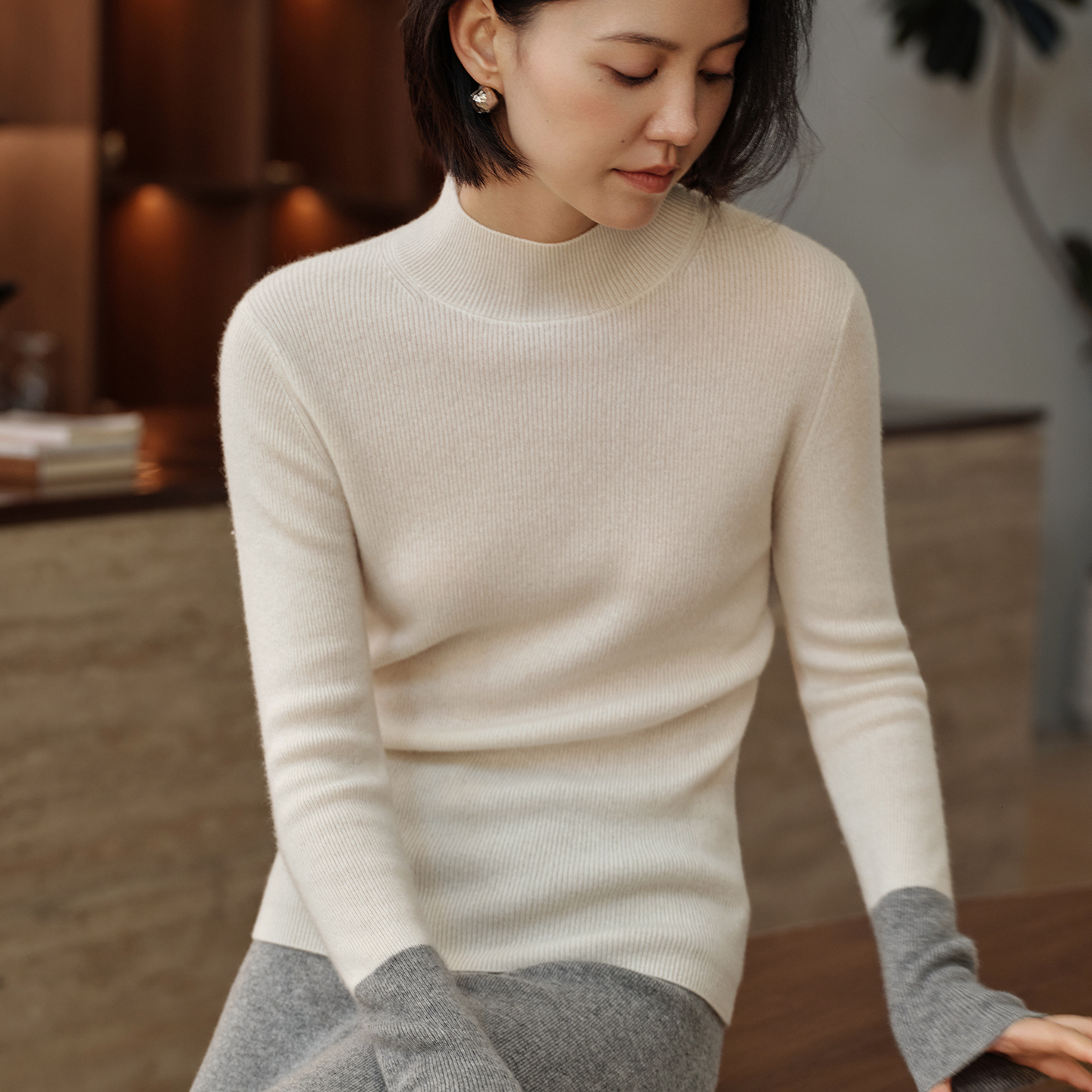 2025秋冬紧身拼色坑条100%纯山羊绒衫女半高领毛衣长袖针织打底衫