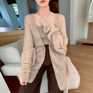 女中长款 25%桑蚕丝75%山羊绒针织开衫 镂空宽松慵懒外套 薄款 软糯