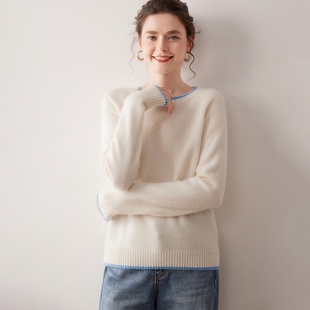 时尚减龄~秋冬新款100%纯山羊绒衫女加厚毛衣圆领撞色针织打底衫