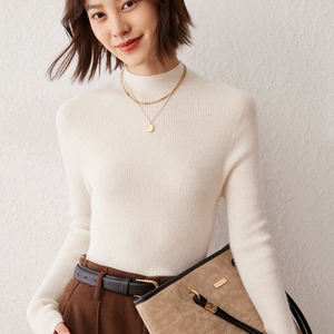 24秋冬新款半高领100纯山羊绒衫女抽条显瘦百搭针织打底毛衣内搭