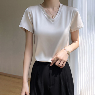 半袖 2026夏季 女宽松丝滑缎面打底t恤圆领内搭西装 V领短袖 上衣 新款