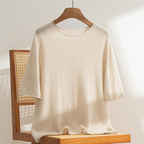 2025秋冬新款100%纯山羊绒衫女圆领纯色宽松时尚百搭针织短袖T恤