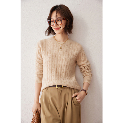 100%山羊绒衫女圆领麻花百搭毛衣