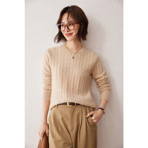 100%山羊绒衫女圆领麻花百搭毛衣