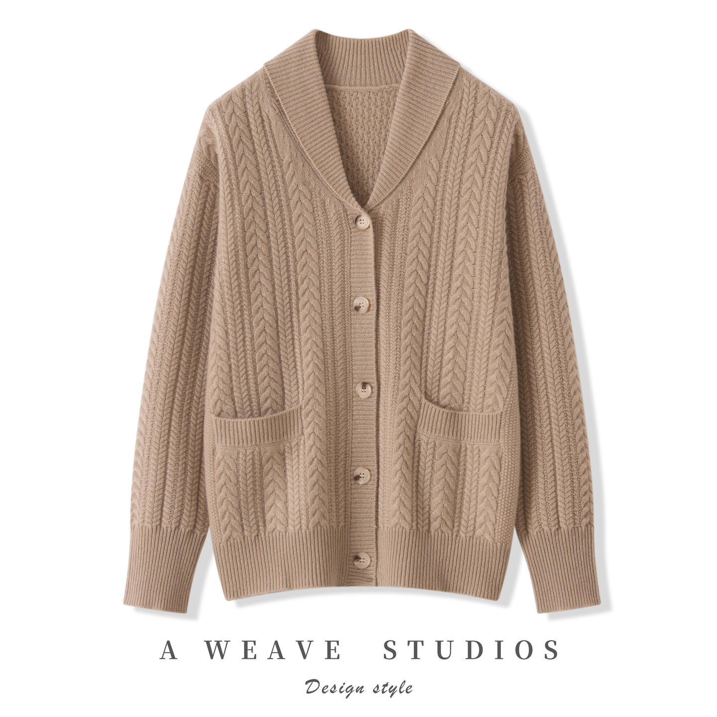 2025秋冬新款女羊绒衫100%纯山羊绒加厚宽松翻领双兜扭花针织开衫