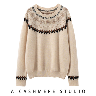 2025秋冬新款 套头内搭 100%纯山羊绒上衣女圆领休闲复古宽松针织衫