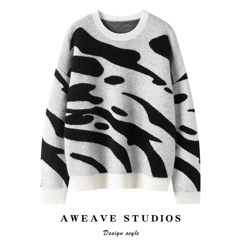 2025秋冬新款100%纯山羊绒衫女圆领拼色时尚宽松休闲针织加厚上衣