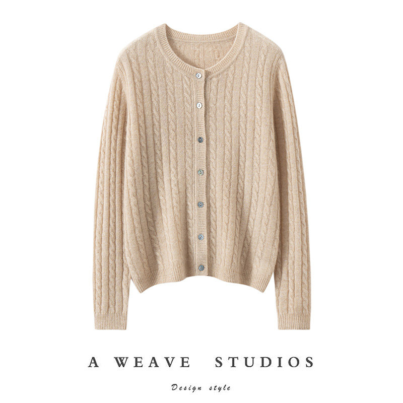 秋冬新款100%山羊绒衫女麻花提花系扣针织开衫温柔风韩系上衣外套