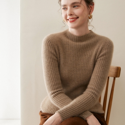 2025秋冬新款纯色山羊绒衫女半高领毛衣修身抽条针织衫羊毛打底衫