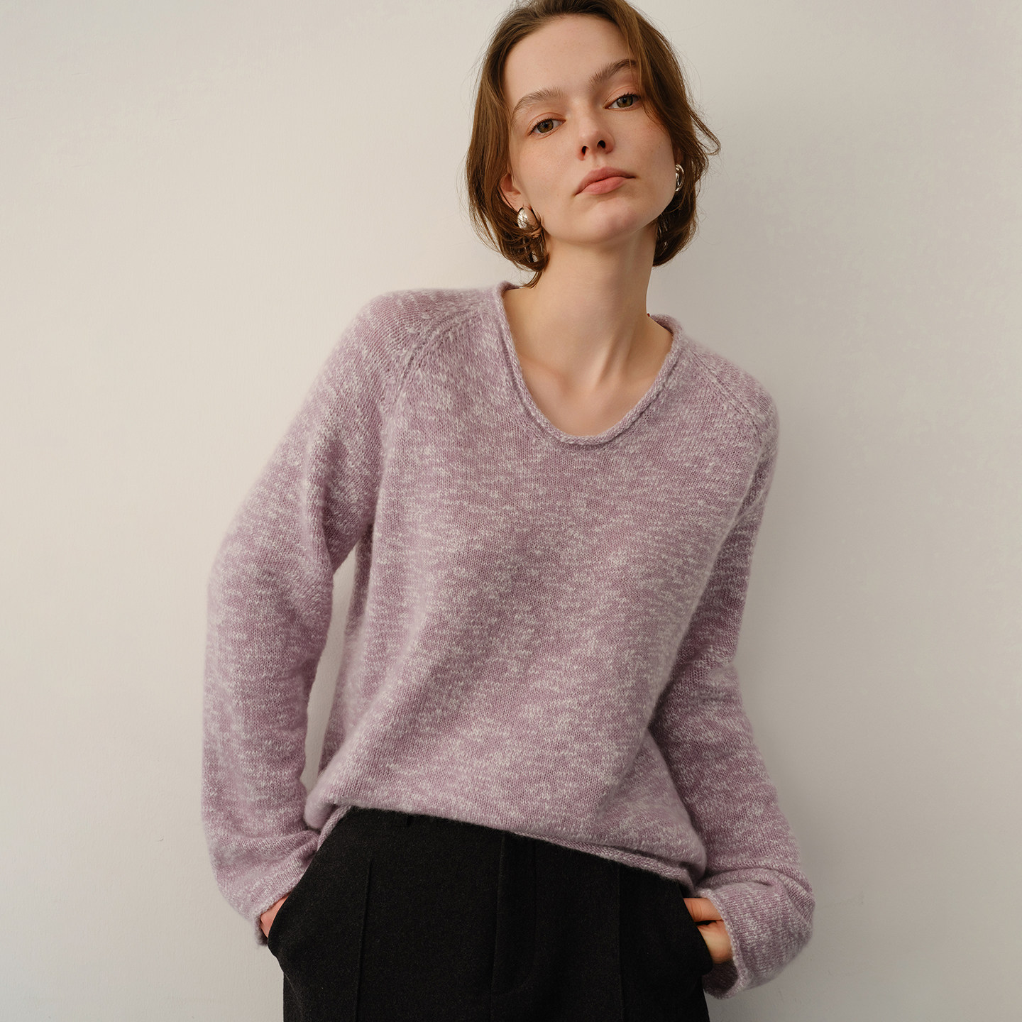 康宝莱大肚纱V领卷边100纯山羊绒衫女宽松显瘦针织毛衣慵懒风百搭