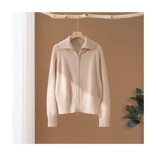 宽松显瘦毛衣外套运动衫 女翻领针织开衫 100%山羊绒衫 2025秋冬新款