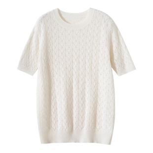 高级感鹅黄色短袖t恤女100纯山羊绒衫新款圆领镂空针织打底衫毛衣