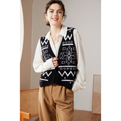 2025秋冬重工提花V领100纯山羊绒马甲女开衫 撞色毛衣坎肩针织外套