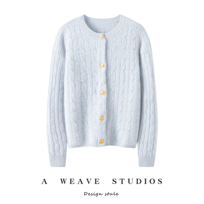 2025秋冬新款100%纯山羊绒衫女圆领麻花针织开衫毛衣外套外搭打底