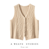 开衫 秋冬款 加厚绞花100%纯山羊绒针织马甲女V领宽松无袖 叠穿背心