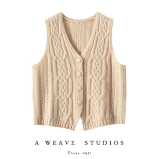 叠穿背心 开衫 秋冬款 加厚绞花100%纯山羊绒针织马甲女V领宽松无袖