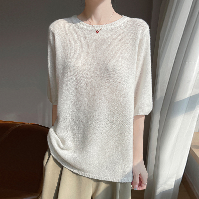 2025春秋新款75%山羊绒25%桑蚕丝衫女圆领短袖休闲气质简约打底衫