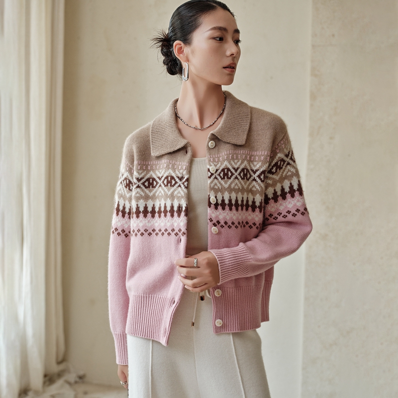 费尔岛100%山羊绒开衫女Polo领拼色外套上衣秋冬外搭提花加厚毛衣