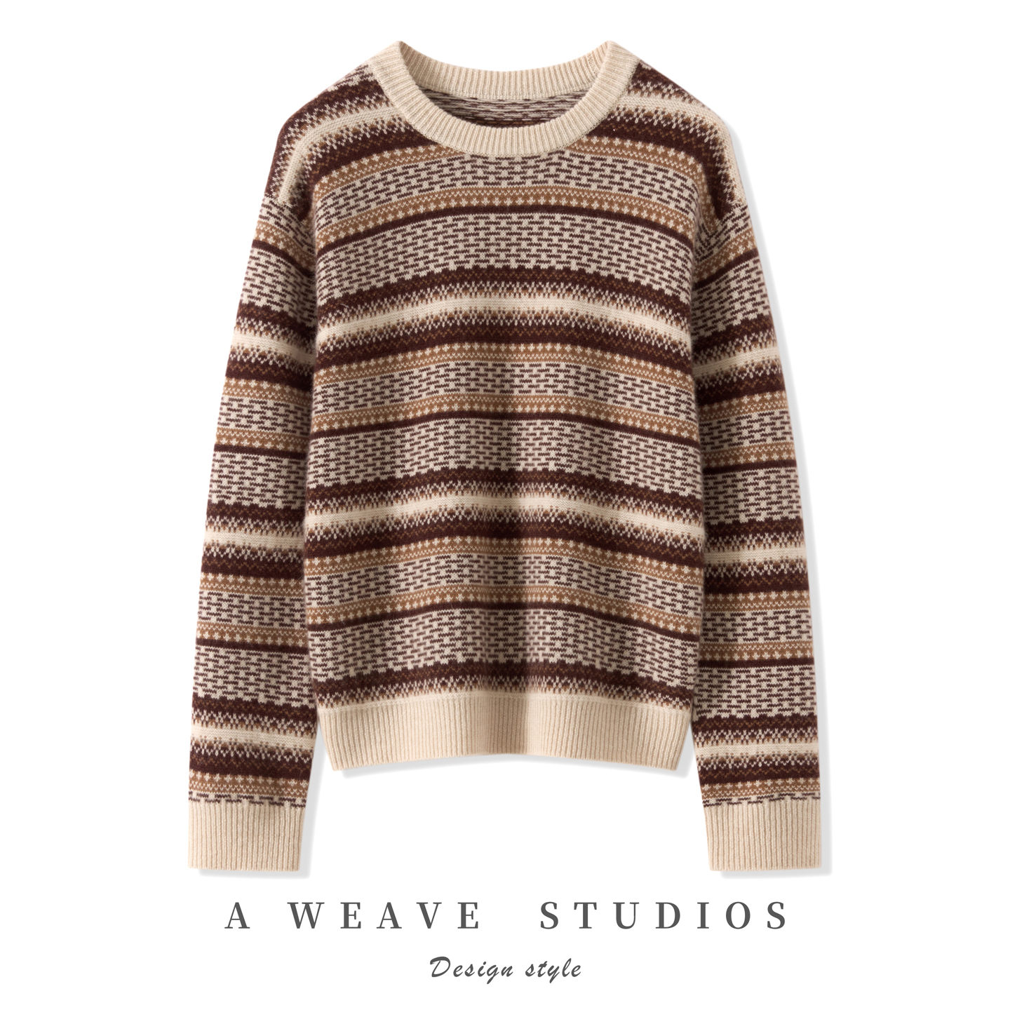 2025秋冬新款100%纯山羊绒女圆领复古时尚宽松针织撞色韩系针织衫