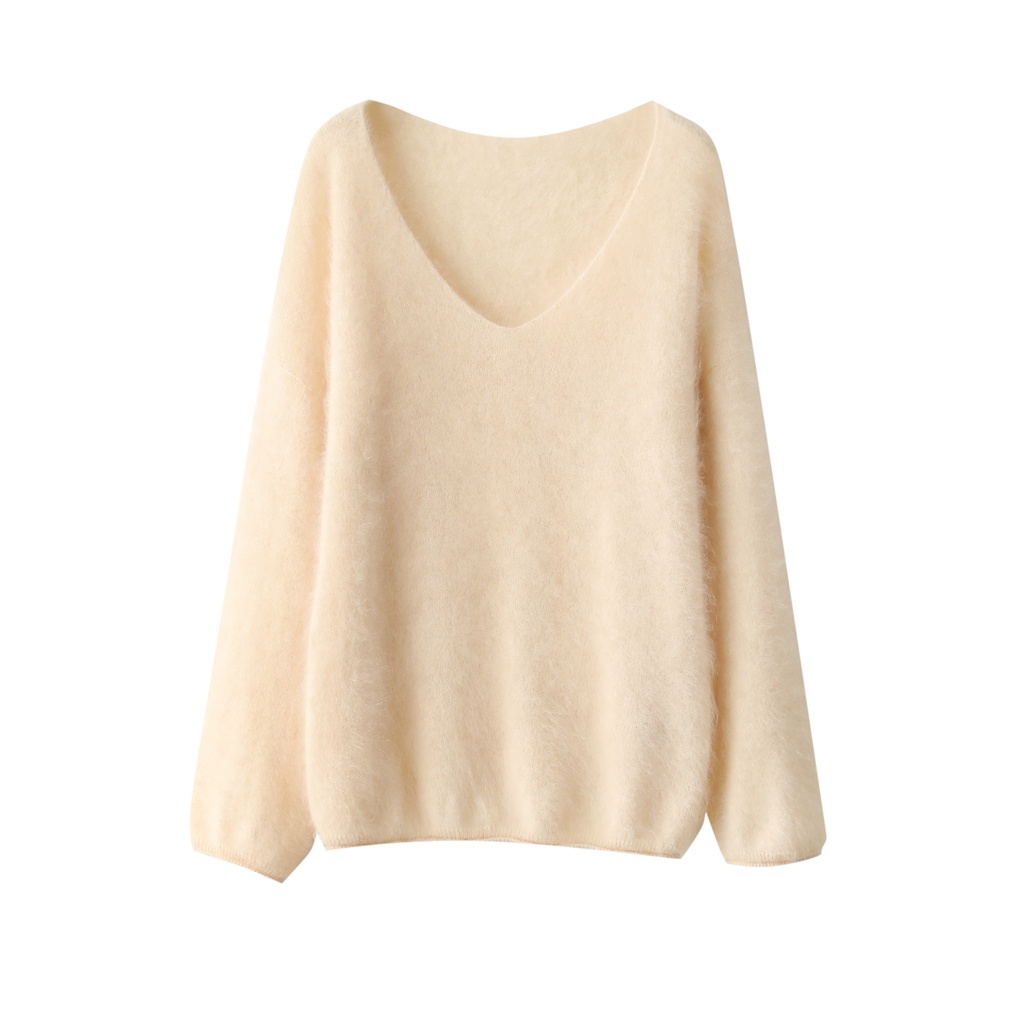 一线无缝拉绒100%山羊绒衫女V领宽松纯色套头针织衫百搭打底毛衣