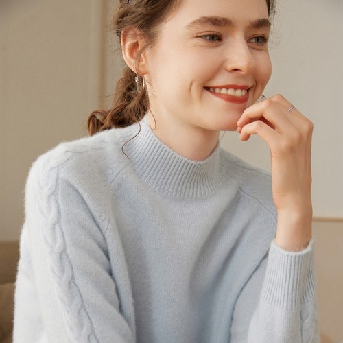 半高领100纯山羊绒衫女加厚亲肤毛衣秋冬新款插肩袖针织宽松打底