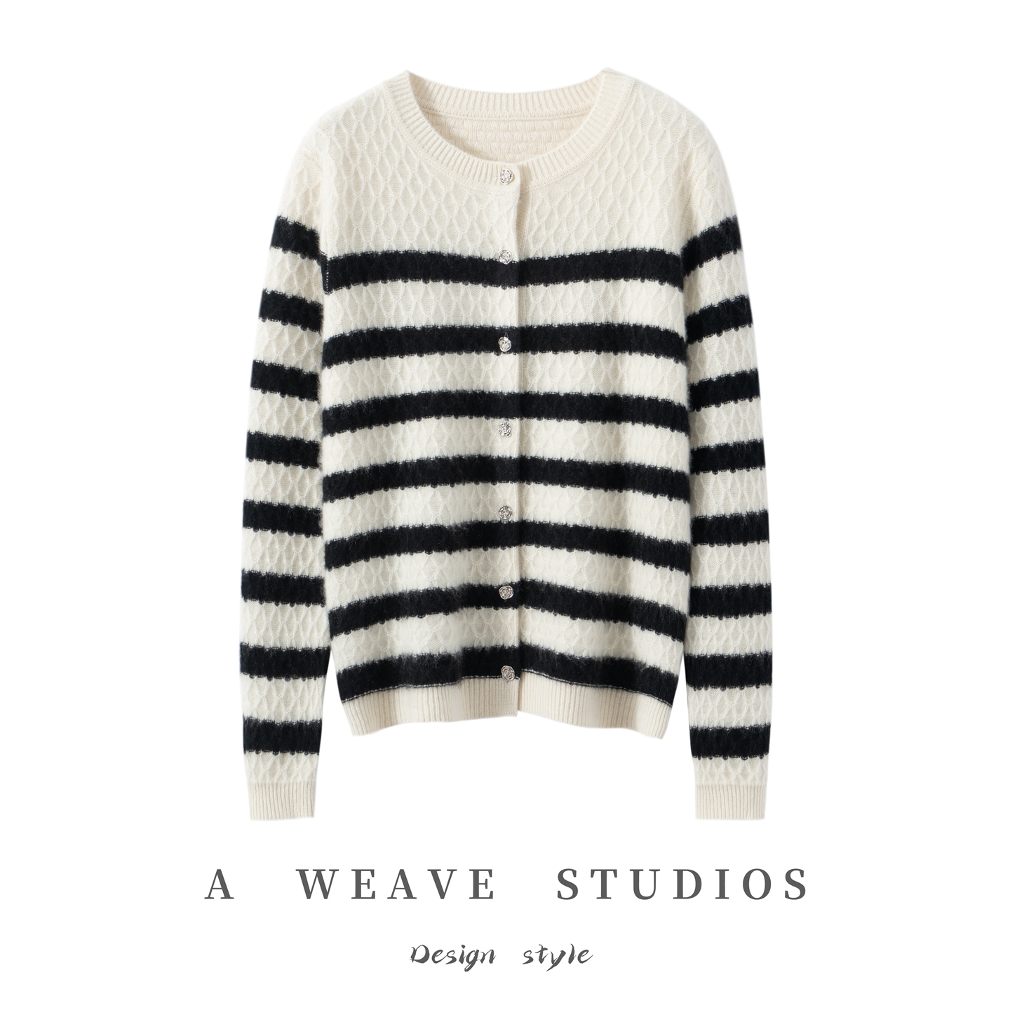 秋冬新款100%纯山羊绒圆领加厚提花经典条纹宽松毛衣针织开衫外套