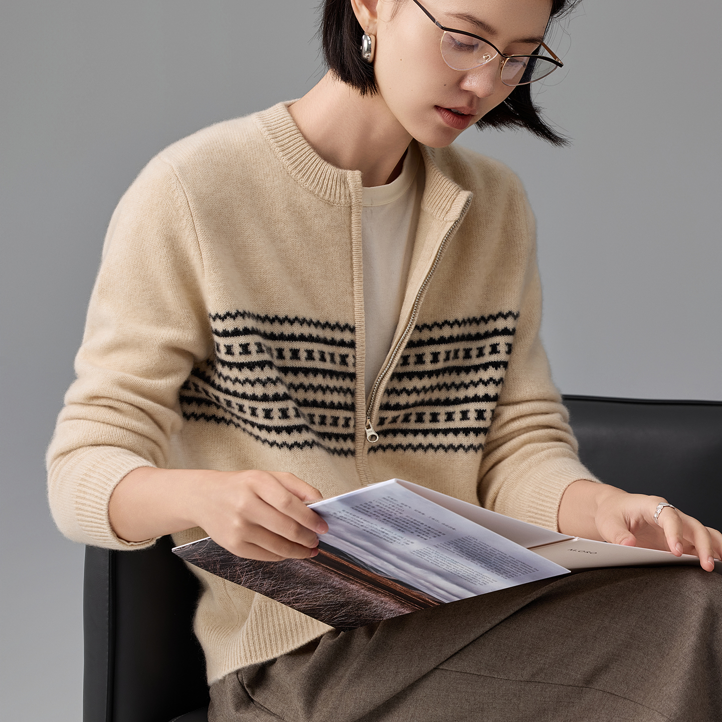 费尔岛提花开衫100%纯山羊绒2025秋冬新款女宽松针织毛衣加厚外套