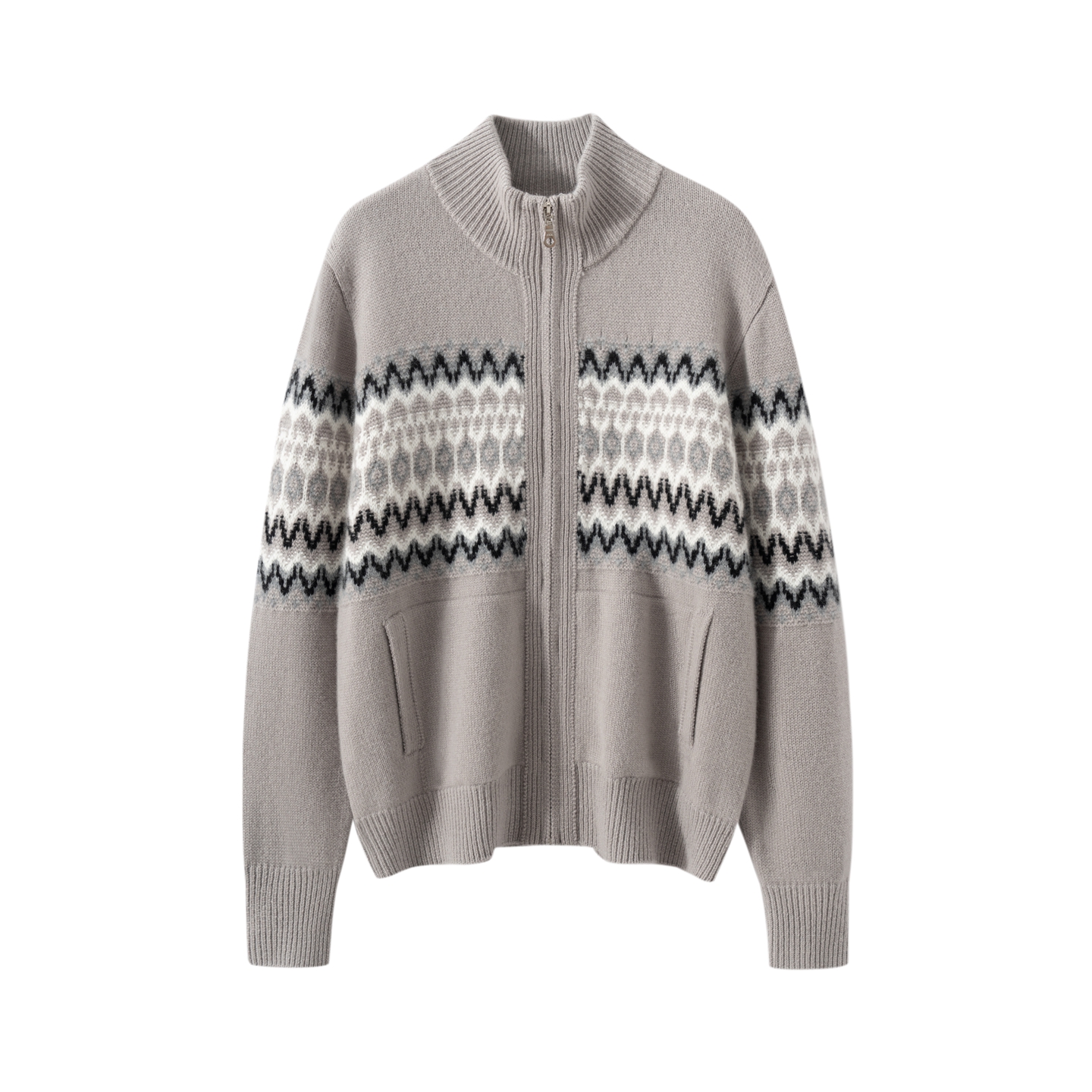 25秋冬新款100%山羊绒女费尔岛提花加厚立领拉链针织开衫保暖外套