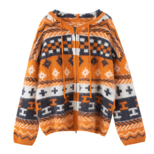 秋冬新款100%山羊绒加厚拉绒外套女撞色提花设计连帽针织开衫保暖